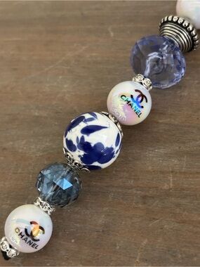 Bag Charm, Blue and White ceramic floral beads, Designer Inspired,7.25 inches